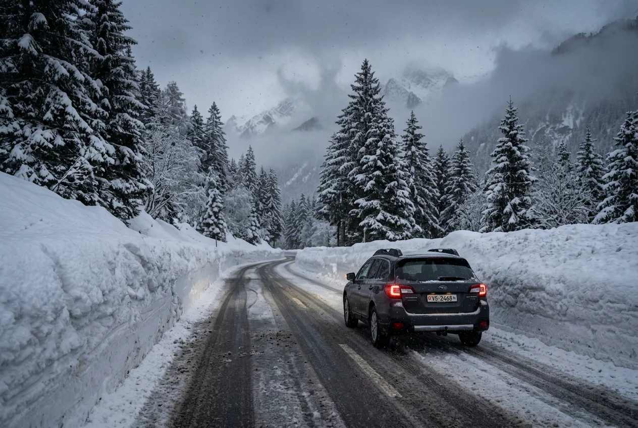 Vorsichtiges Fahren bei winterlichen Bedingungen auf Bergpässen